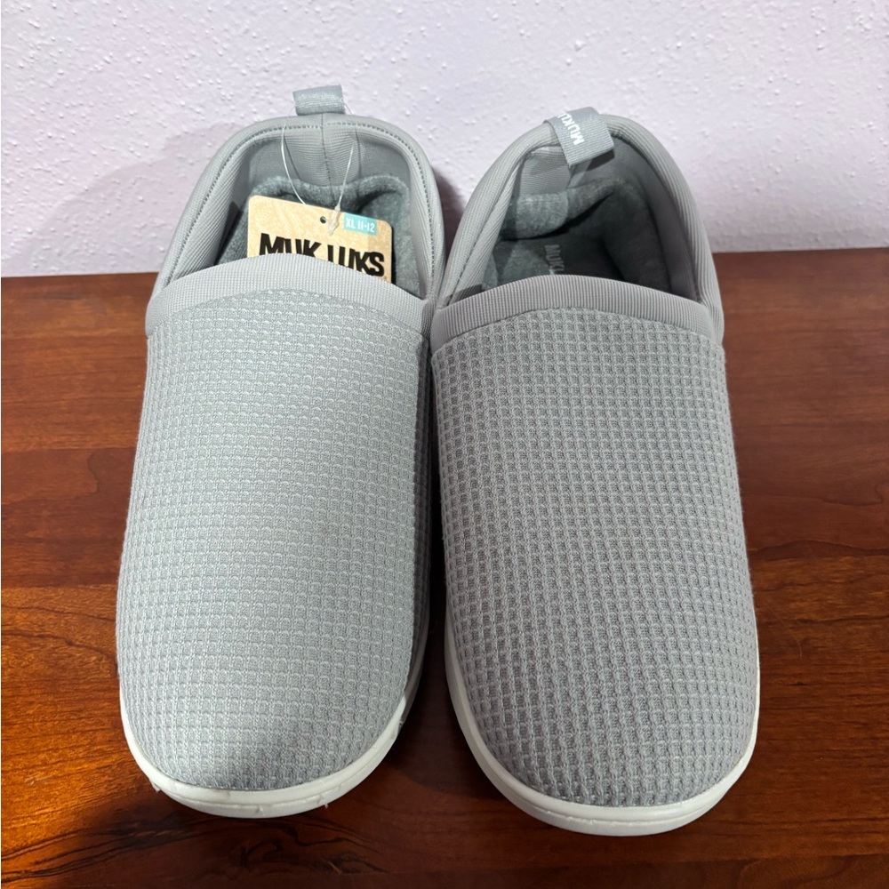 Muk Luks Gray Slip-On Loafers with Textured Fabric and Rounded Toe